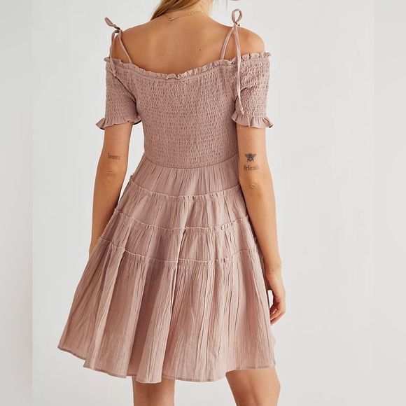 Free People Happy With You Mini Dress Smoked Mulberry Tiered Swing Off Shoulder - Picture 5 of 16